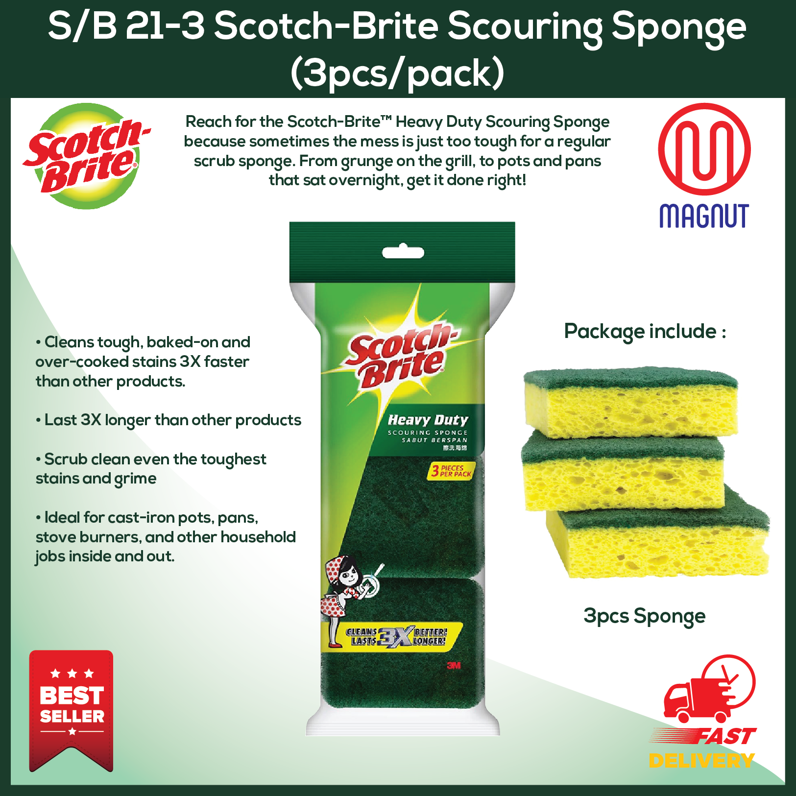 3M ScotchBrite® Tough Clean Scouring Sponge / Heavy duty scouring