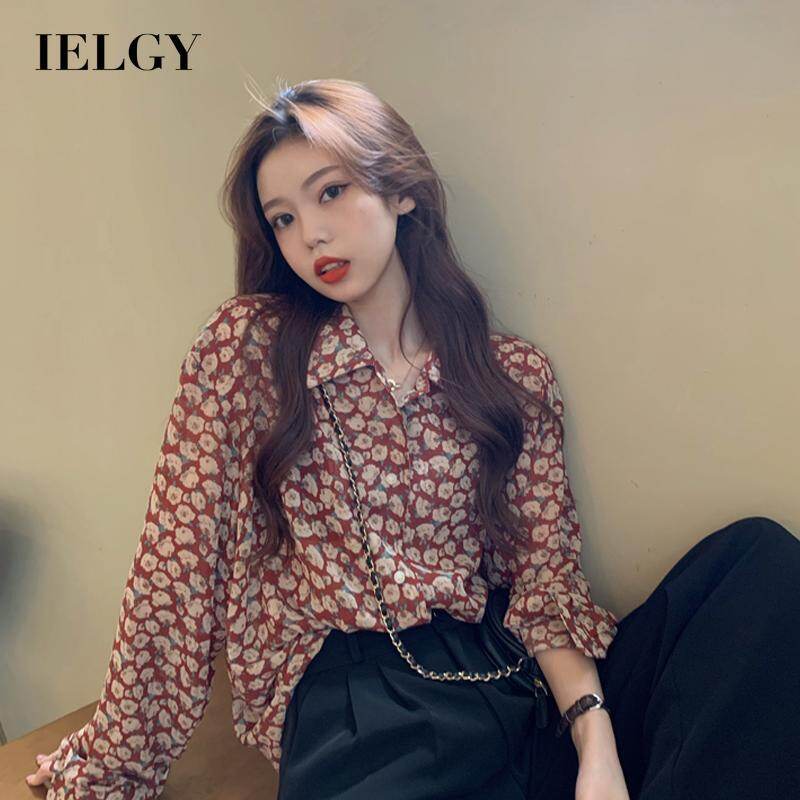 IELGY Women's clothes printed shirt fashion retro all-match casual loose long-sleeved top