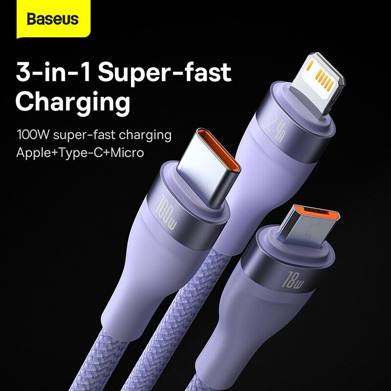 Baseus Cáp USB Type C 3 Trong 1 Cáp Dữ Liệu Sạc Nhanh 100W Cho iPhone 14 Pro Bộ Sạc Điện Thoại Cho Xiaomi Samsung Cáp Micro USB