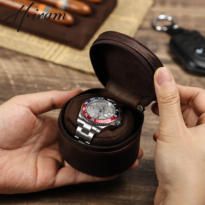 Hiram Leather Watch Travel Case Zipper Single Watch Case Storage Soft Cushioned Container for Wristwatch Organizer Box for Men Gift