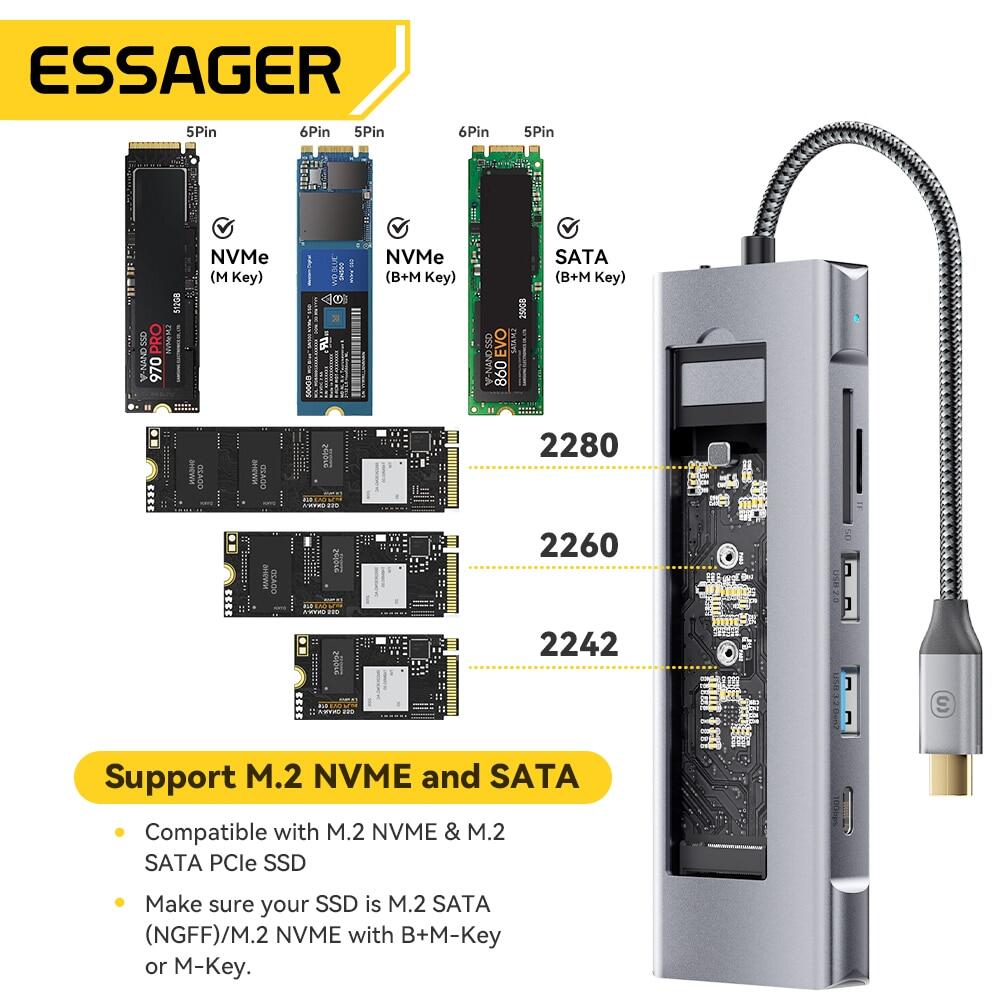 Essager 8-Trong-1 hub USB với Đĩa Chức Năng Lưu Trữ loại USB C Để Hdmi-Tương Thích Máy Tính Xách Tay trạm dock Đối Với MacBook Pro Không Khí M1 M2