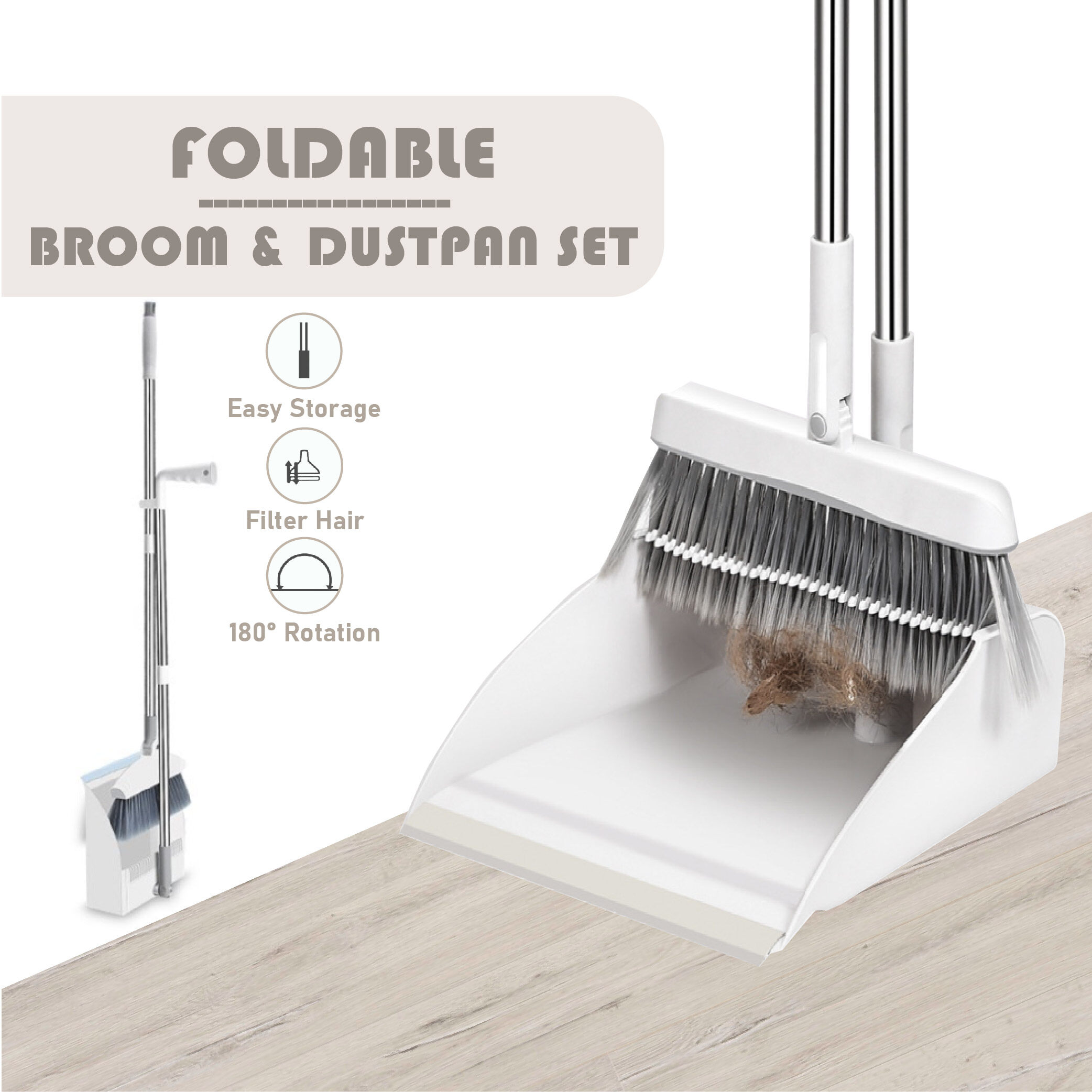 2 In 1 Foldable Broom Dustpan Set Home Office Self-Cleaning Dustpan ...