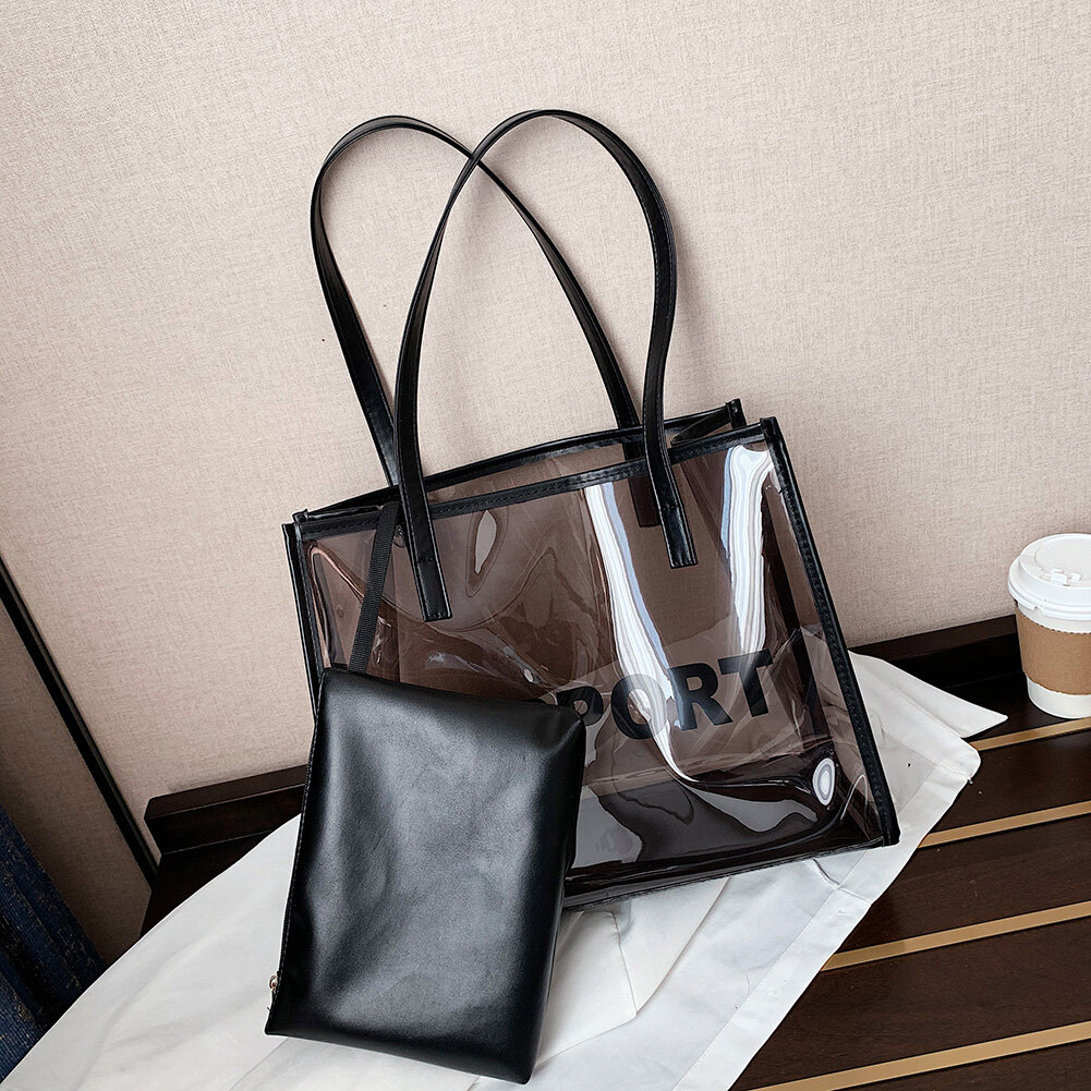 BAGOO 2pcs/set Korean style Fashion Jelly Transparent PVC Handbag Women Large Capacity Shoulder Bag Casual Summer Travel Totes purse