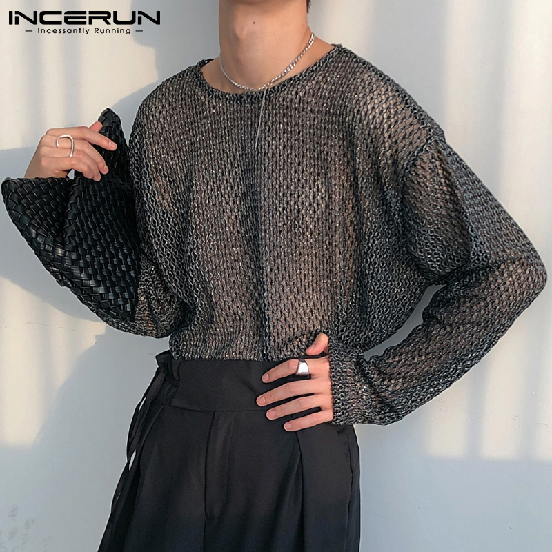 (Korean Style) INCERUN Mens Hollow Out Long Sleeve T Shirts Casual Fishnet Party Club Tops Blouse