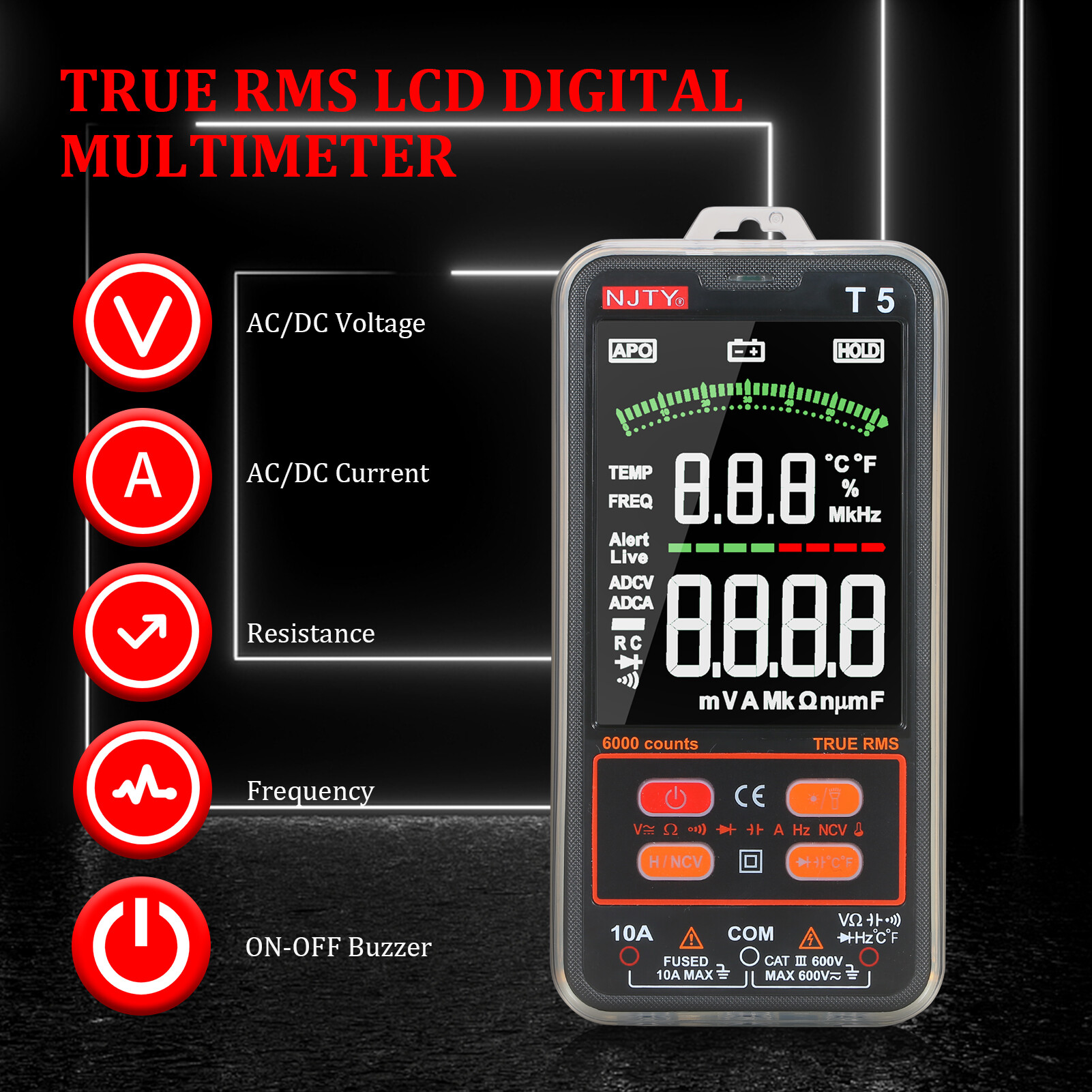 NJTY Đồng Hồ Vạn Năng RMS Thật Đếm T5 6000 Máy Kiểm Tra Thông Dụng Kỹ Thuật Số Máy Kiểm Tra Đa Năng Màn Hình LCD Lớn 3.8 Inch Vôn Kế 600V Ampe Kế 10A Vôn Kế Điện Áp AC/DC & Điện Trở Dòng Điện Thiết Bị Đo Điốt Nhiệt Độ Điện Dung Máy Đo NCV Với đèn Pin Kép
