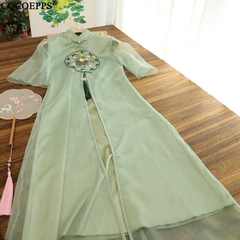 COCOEPPS Chengsam for Women 2023 Summer Women's New StyleYoung Elegant Retro Embroidered Cheongsam Dress QQ
