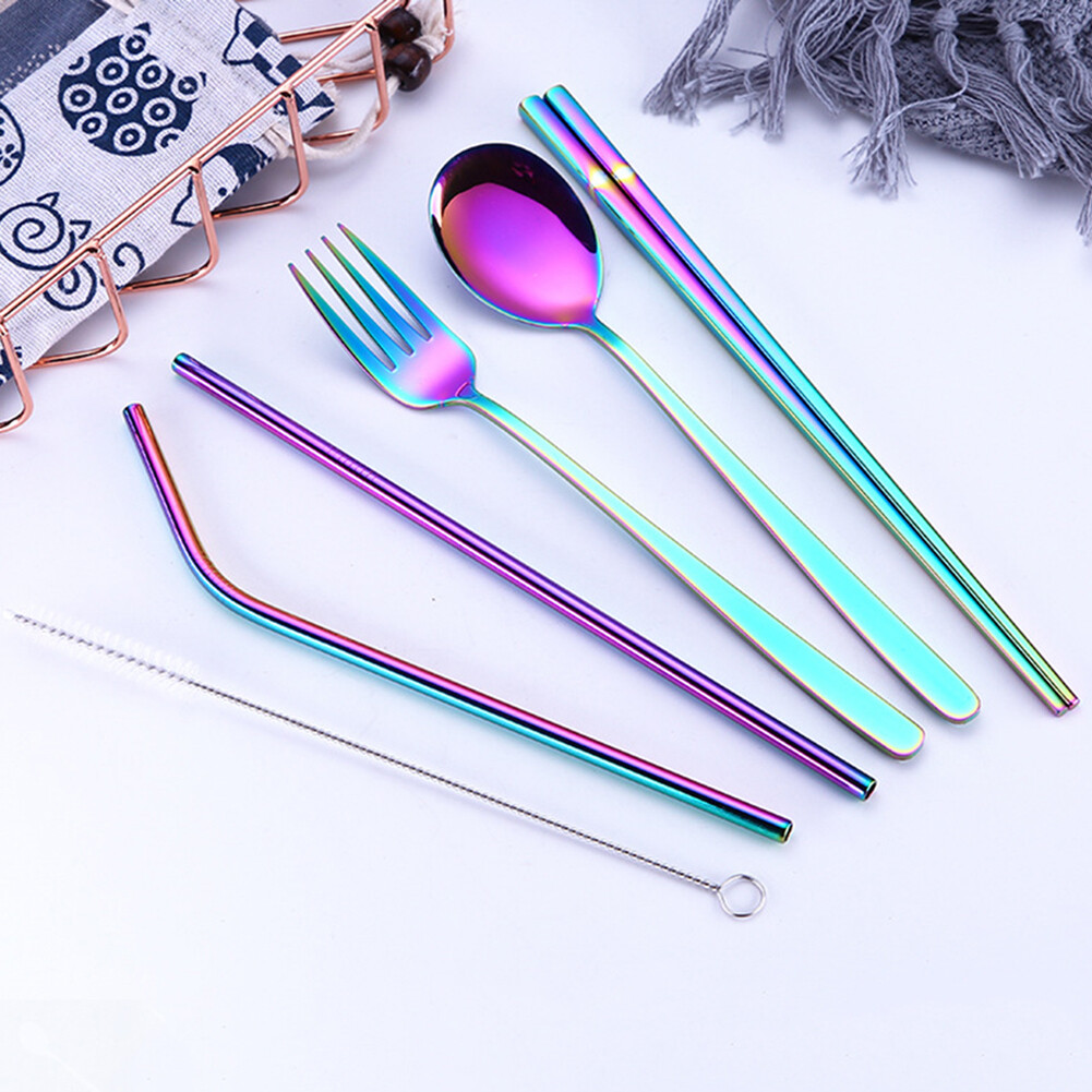 3/5pcs xách tay có thể tái chế bộ đồ ăn kit đũa muỗng nĩa ống hút cutlery304 thép không gỉ bộ đồ ăn 3 cái/5 cái thìa đũa cầm tay bộ dao kéo ống hút, bộ dao kéo ăn trưa dã ngoại cắm trại du lịch