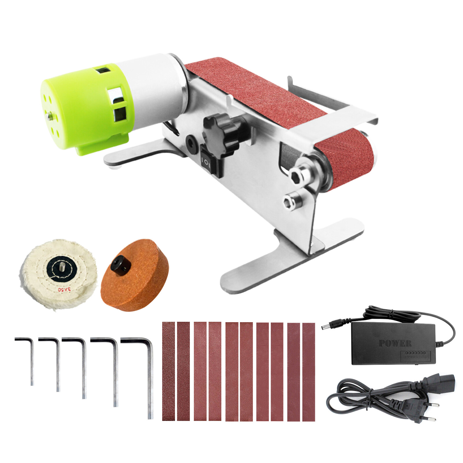 Smart Sensor Horizontal Mini Belt Sander Electric Sanding Polishing Grinding Machine Grinding Sander Grinder Small Sand-belt Machine One-key Forward & Reverse Rotation 7-Speed Regulation with 10 Sanding Belts
