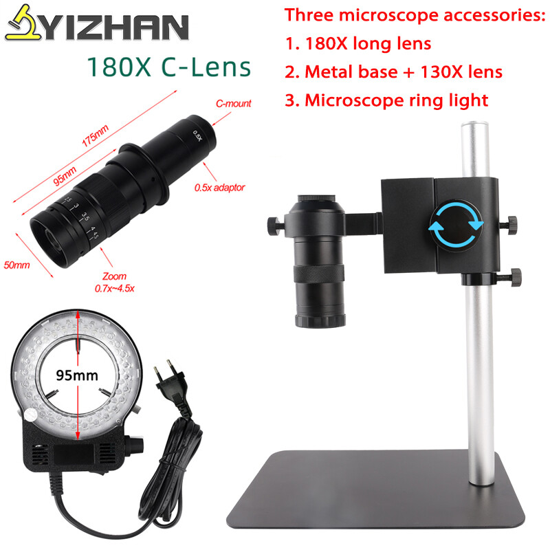 YIZHAN Camera Kính Hiển Vi Video Kỹ Thuật Số 180X 130X Ống Kính Khách Quan C-MOUNT Lấy Nét Điều Chỉnh Được 180 Bội Số Cho Máy Ảnh HDMI VGA