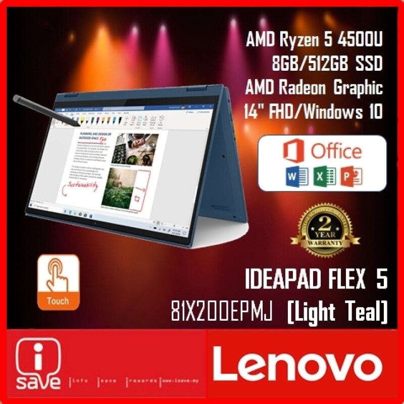 Lenovo IdeaPad FLEX5 14ITL05 81X200EPMJ 14 FHD R5 Touch Laptop Light Teal (R5-4500U, 8GB, 512GB SSD, Radeon, W10, H&S) Malaysia