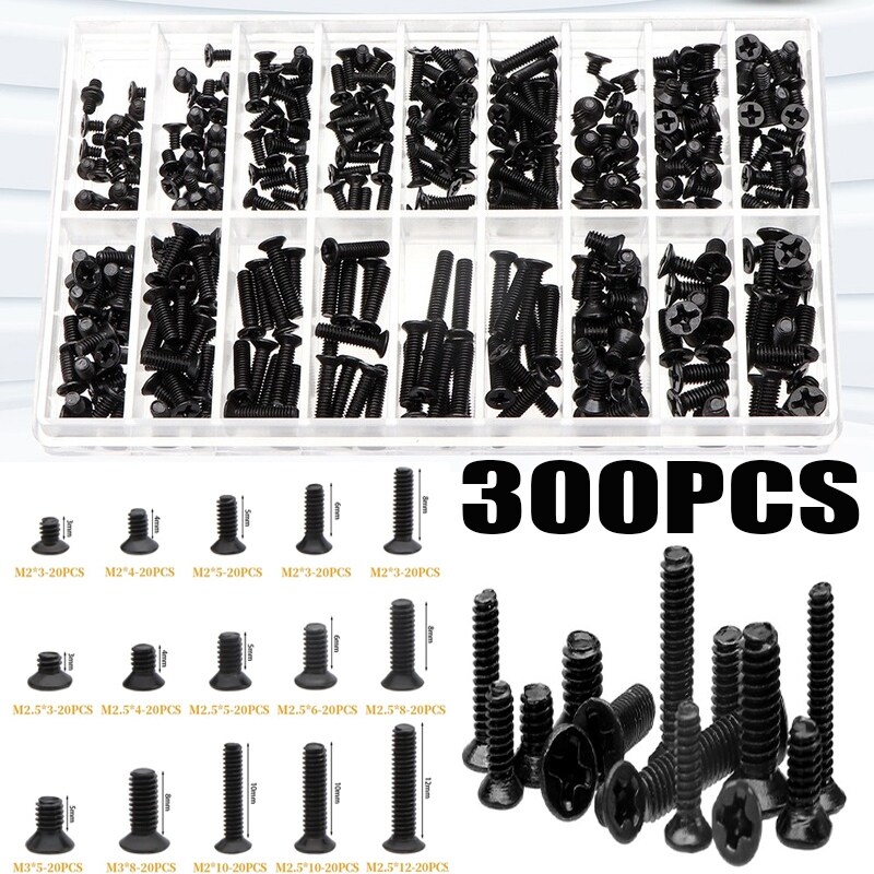 Electrapick 300 pcs m2 m2.5 m3 laptop notebook computer screws kit black flat head screws with screwdriver for dell sony ibm