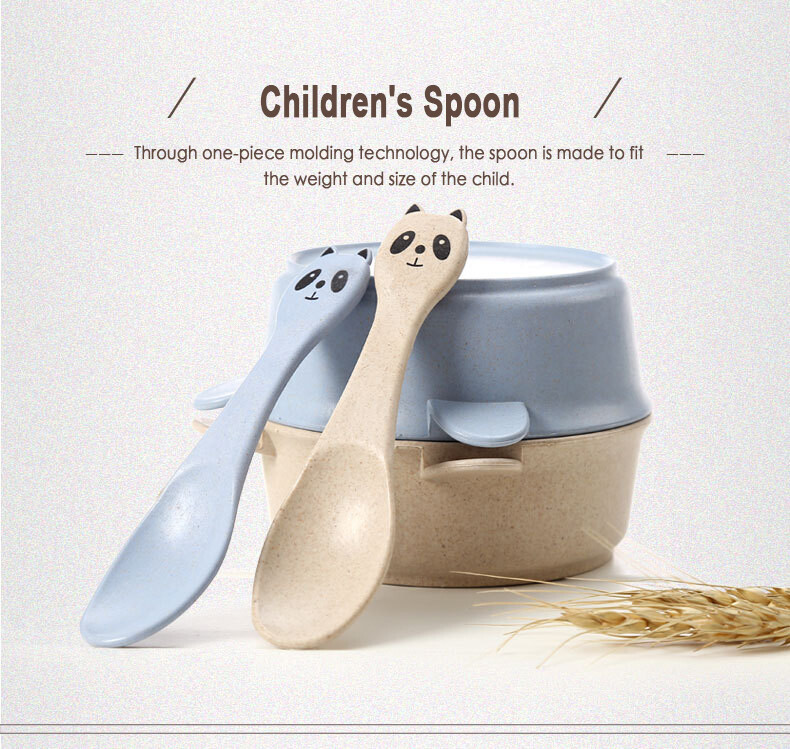Kids Cute Panda Shaped Solid Color Wheat Straw Rice Bowl Spoon Set Baby Heat Insulation Dinnerware Sets Anti-Scalding Soup Bowl