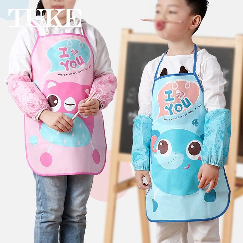 TUKE Cartoon Baby Long Sleeve Apron Waterproof Toddler Feeding Bibs Children Painting Clothes Stuff Infant accessories