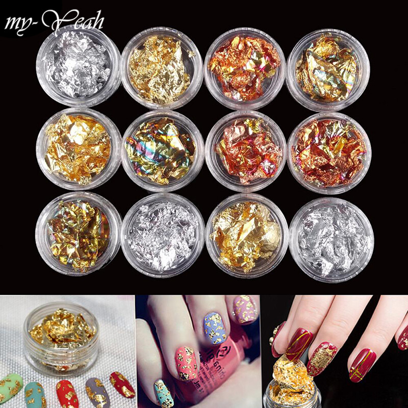 12Pots Gold Silver Glitter Nail Foil Sticker Gel Adhesive Glue Image Transfer Paillette Flake Full Cover Laser Decal Decor