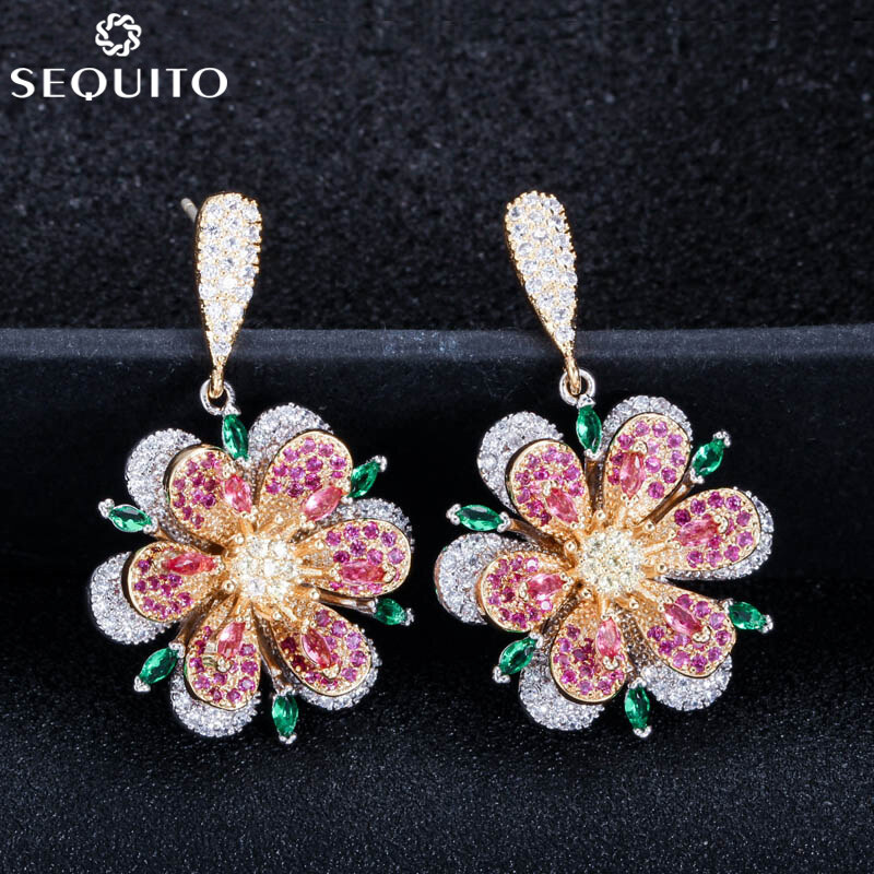 Sequito 925 sterling silver pin trendy mix 3 tones rose gold and silver plated flower dangle earrings pave rose red cz diamond elegant earing jewelry gifts se193