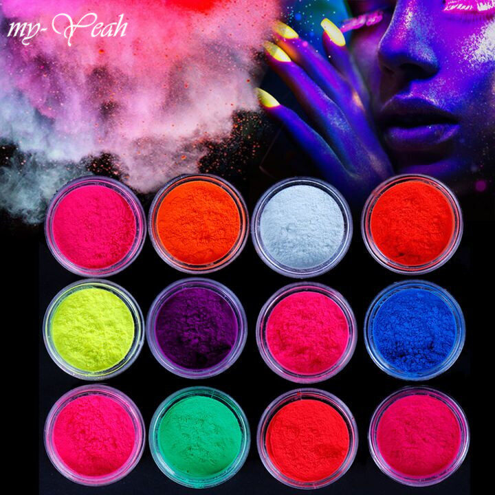 myyeah 12Boxes/set Neon Pigment Powder Nail Fluorescence Gradient Glitter Shinny Dust Fluorescence DIY Nail Art Decor Manicure set