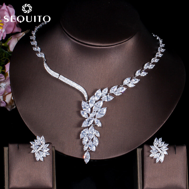 SEQUITO Luxury Clear Leaf AAA Cubic Zirconia Long Flower Necklace and Earrings for Women 18K White Gold Plated Wedding Party Jewelry Set