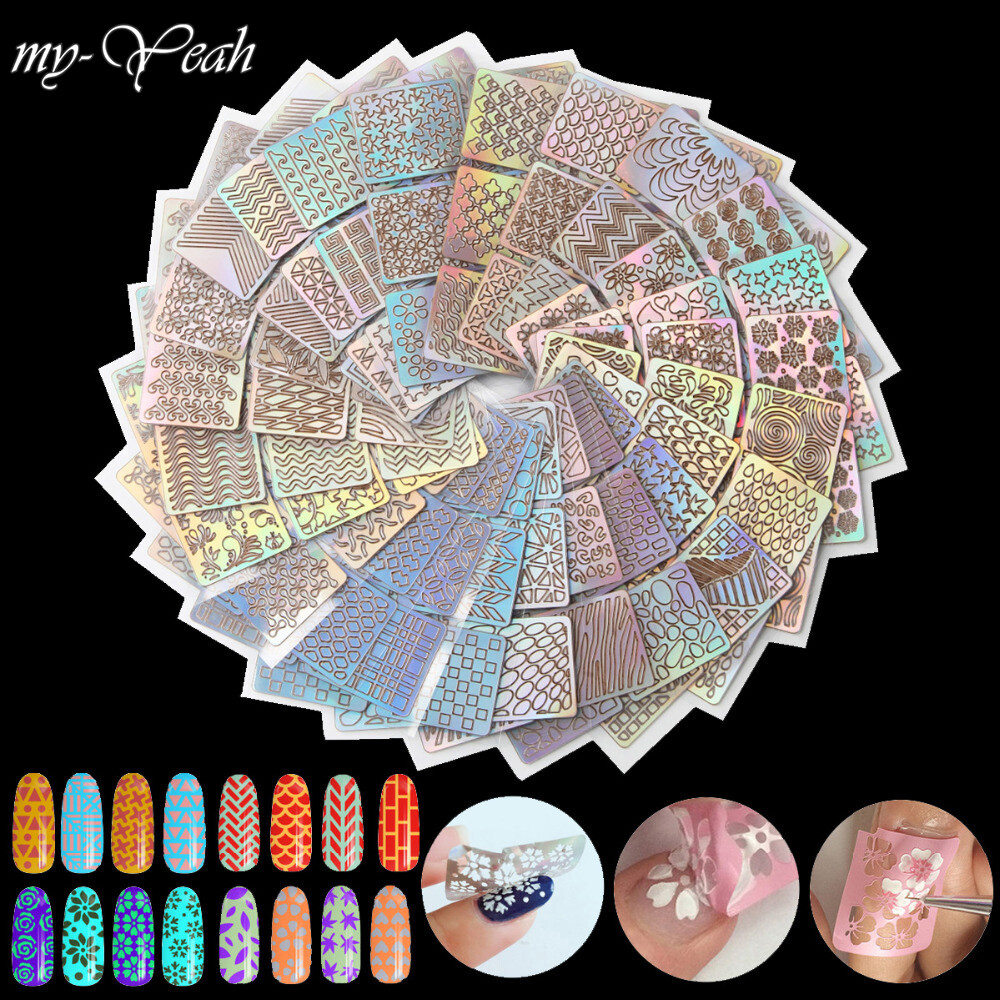 myyeah 24Pcs/set Nail Art Vinyls Hollow Laser Transfer Foil Sticker Stencil Gel Polish Image DIY Guide Template Stamp Decal