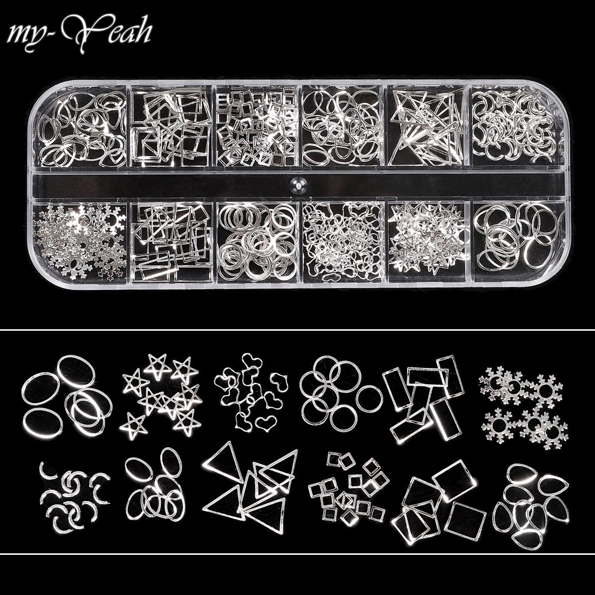 12 Grid Mixed Style Nail Art Shell Star Moon Oval Design Metal Rivet Studs Chain Frame 3D DIY Charm Decoration Accessories