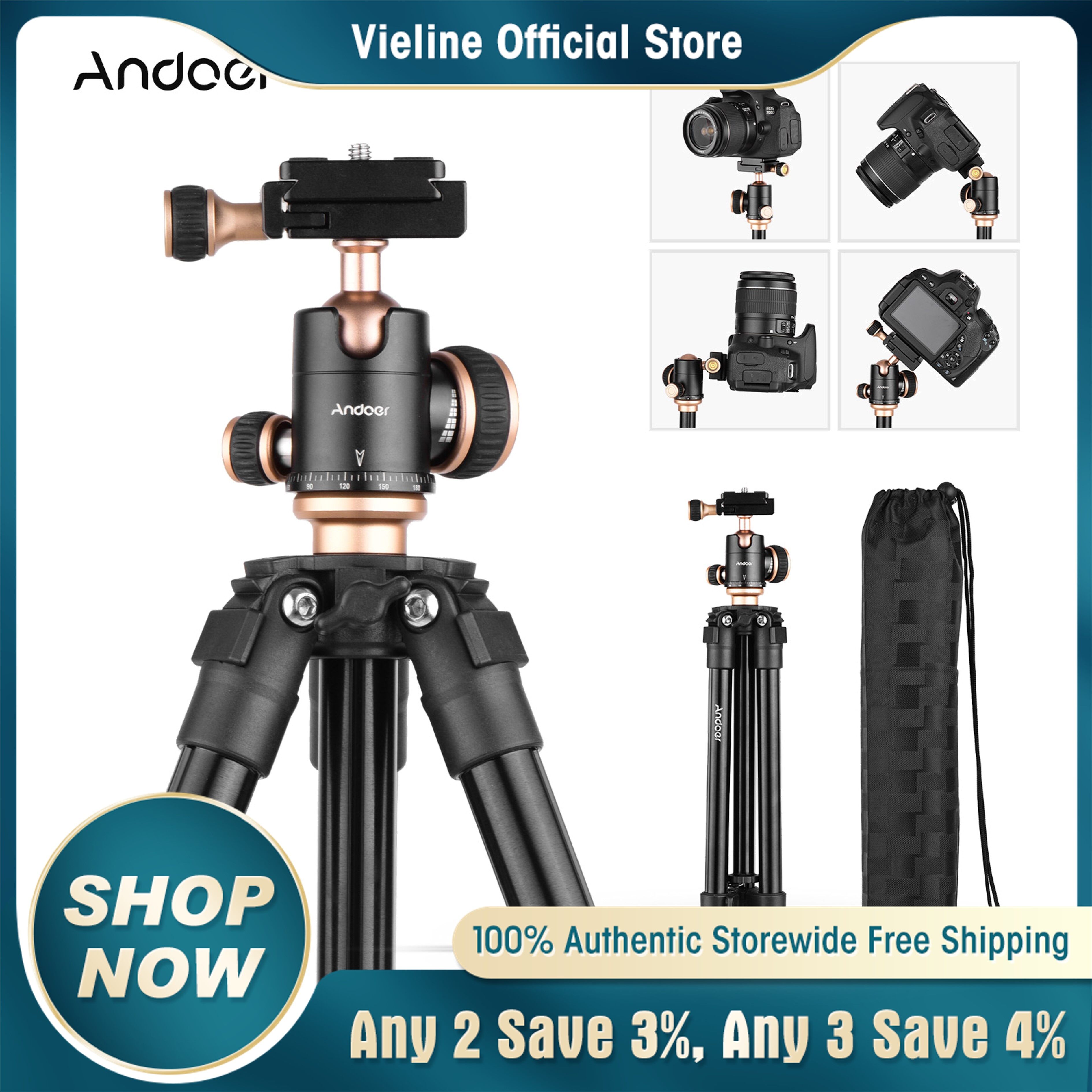 Andoer Q160SA Camera Tripod Complete Tripods with Panoramic Ballhead Bubble Level Adjustable Height Portable Travel Tripod for DSLR Digital Cameras Camcorder Mini Projector Compatible with Canon Nikon Sony