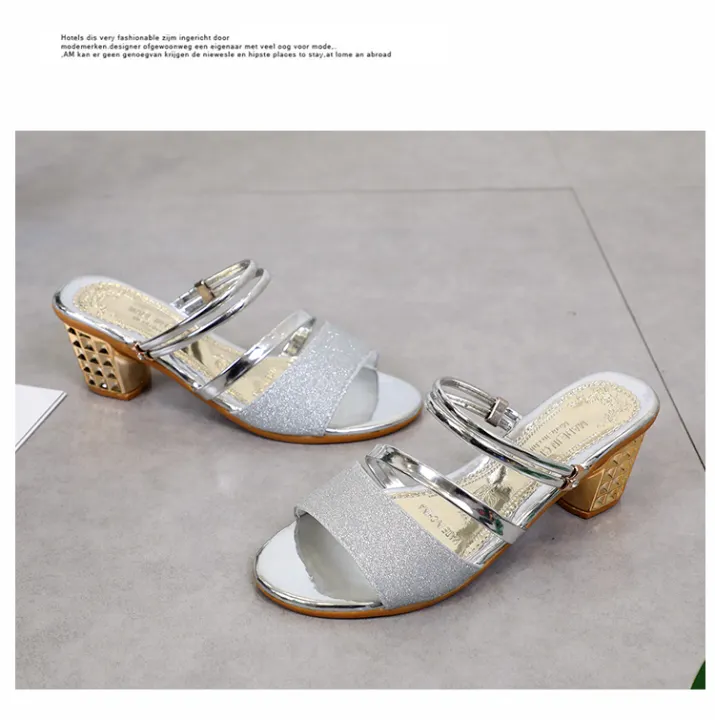 silver heels thick heel