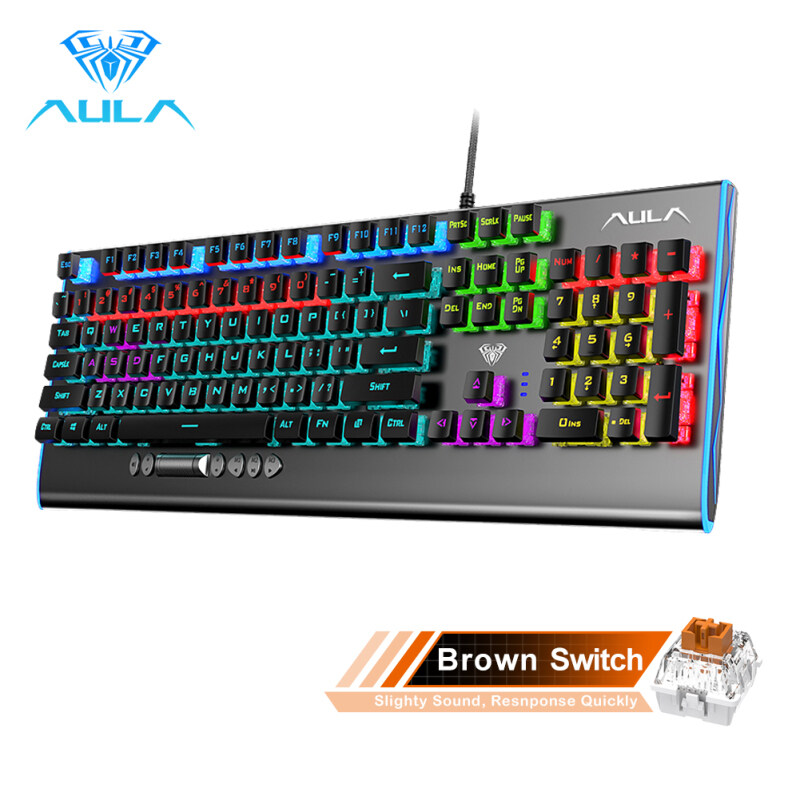 AULA F2099 Wired Mechanical Gaming Keyboard Crystal Switch Multimedia Button, Full Keys Anti-ghosting Marco Programming Metal Panel Wired LED Backlit Keyboard for PC Gamer Singapore