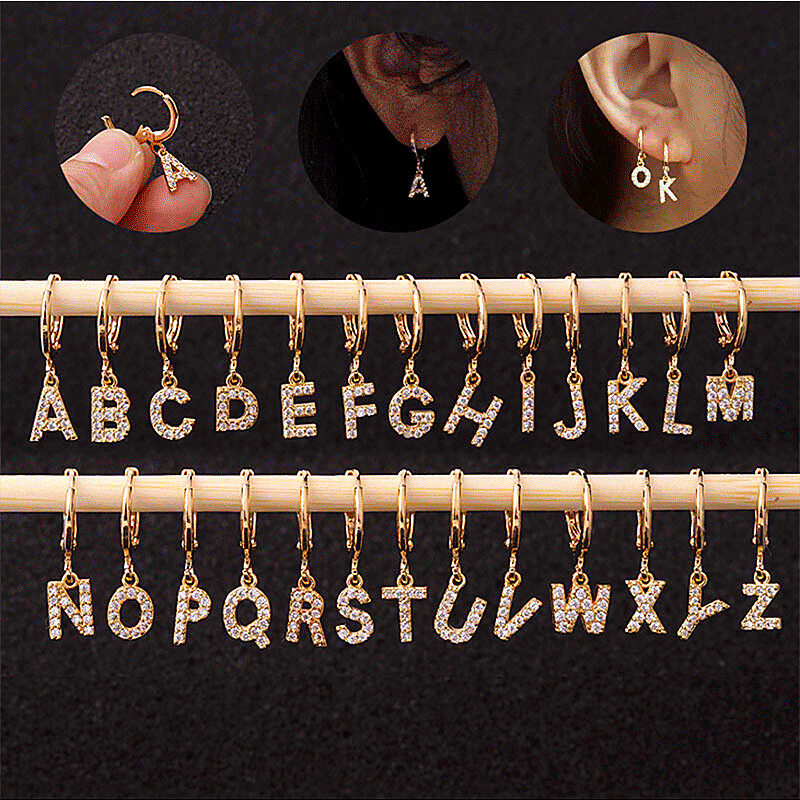 1Pc Creative 26 English Alphabet Stud Earrings Micro-inlaid Zircon Gold Letter Fashion Hoop Earrings For Women Jewelry