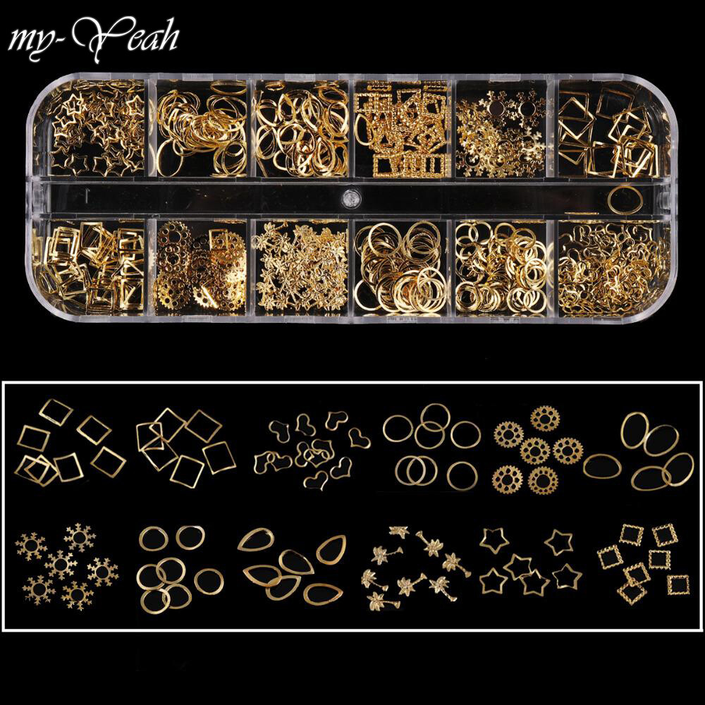 12 Grid Mixed Style Nail Art Shell Star Moon Oval Design Metal Rivet Studs Chain Frame 3D DIY Charm Decoration Accessories