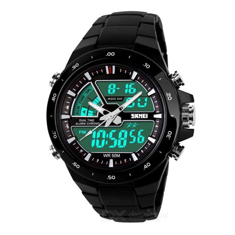 SKMEI 1016 Mens Dual Time Display LED Black Rubber Strap Watch (Black) Malaysia