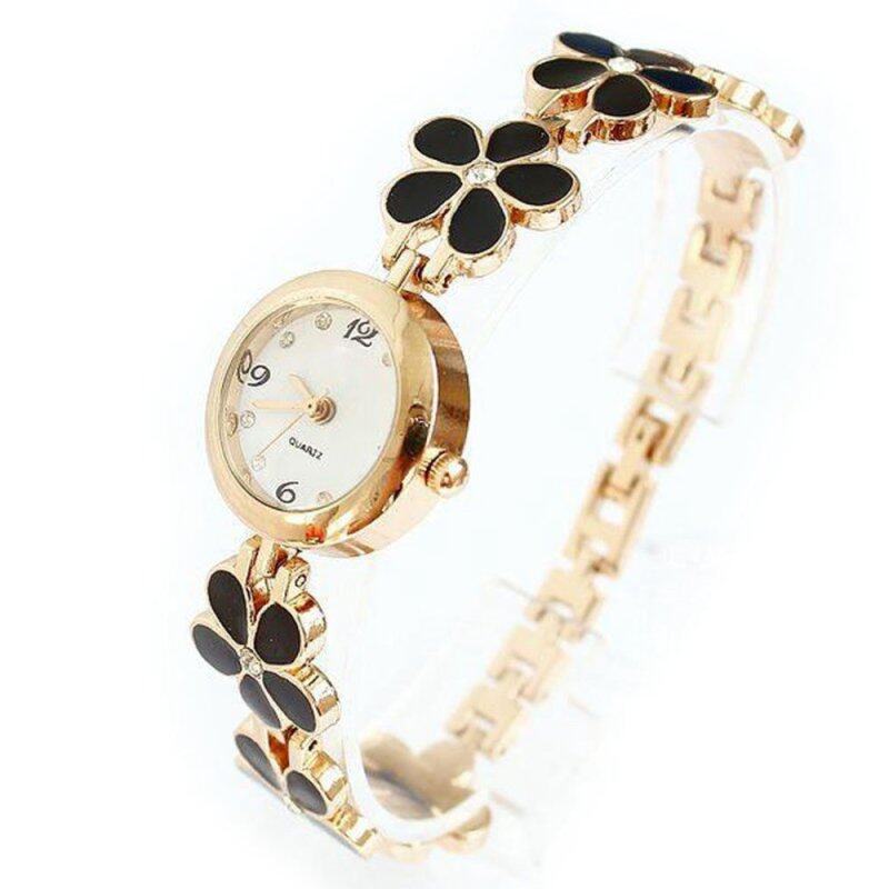 Womens Girls Chic Fashion Daisies Flower Rose Golden Bracelet Wrist Watch Black Malaysia
