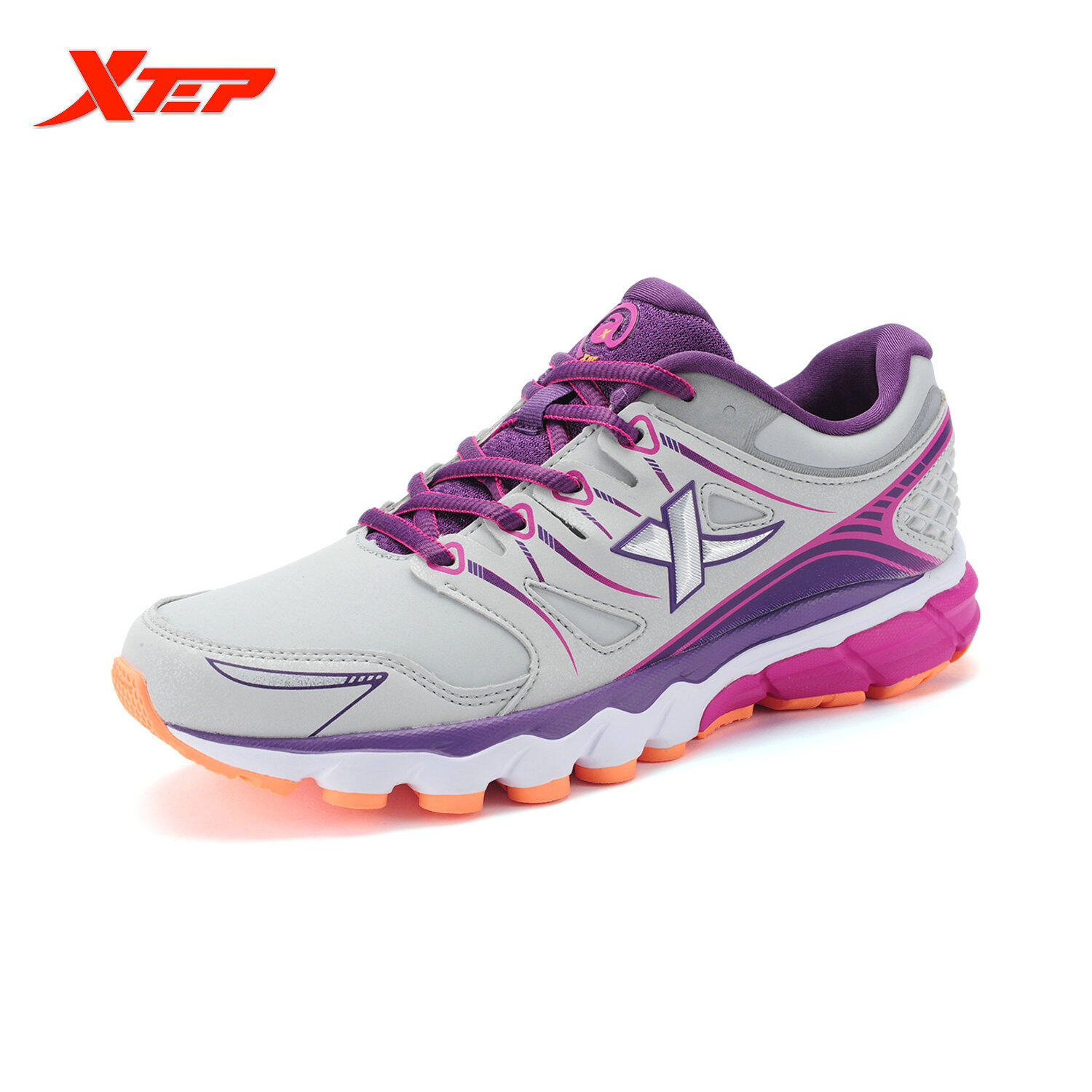 XTEP Profesional Merek Sepatu Lari untuk Wanita, China Cahaya Kulit Sepatu Olahraga Wanita Redaman Atletik Lari Sepatu Kets (abu- Abu)