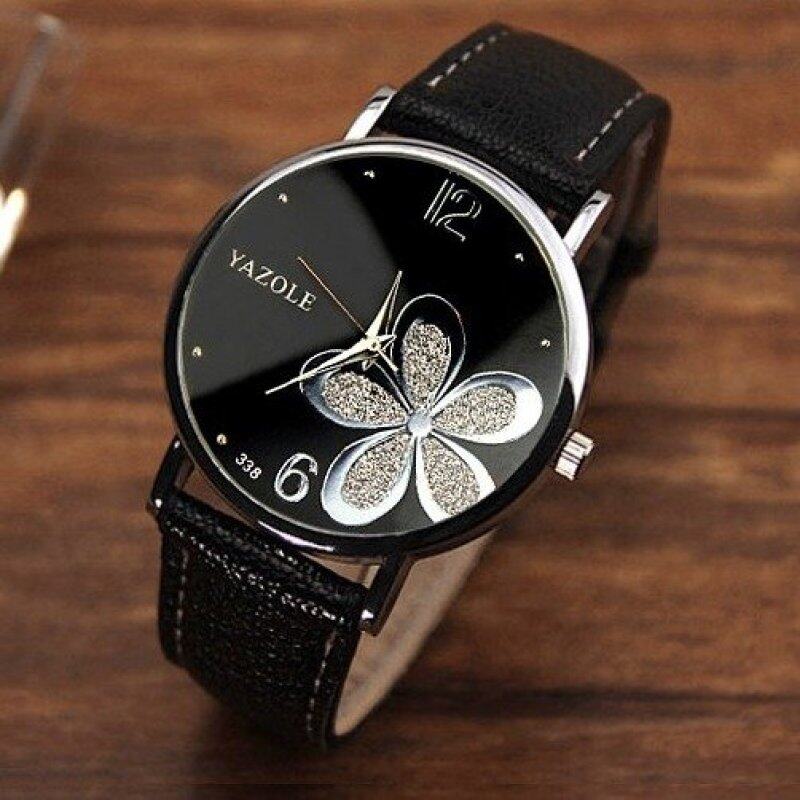 Yazole Round Dial Stainless Steel Back Water Resistance Flower Pattern Black Strap Leather Watch Malaysia