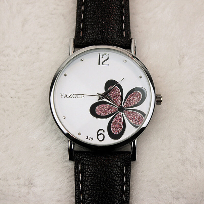 Yazole Round Dial Stainless Steel Back Water Resistance Flower Pattern Strap Leather Watch (Black&White) Malaysia
