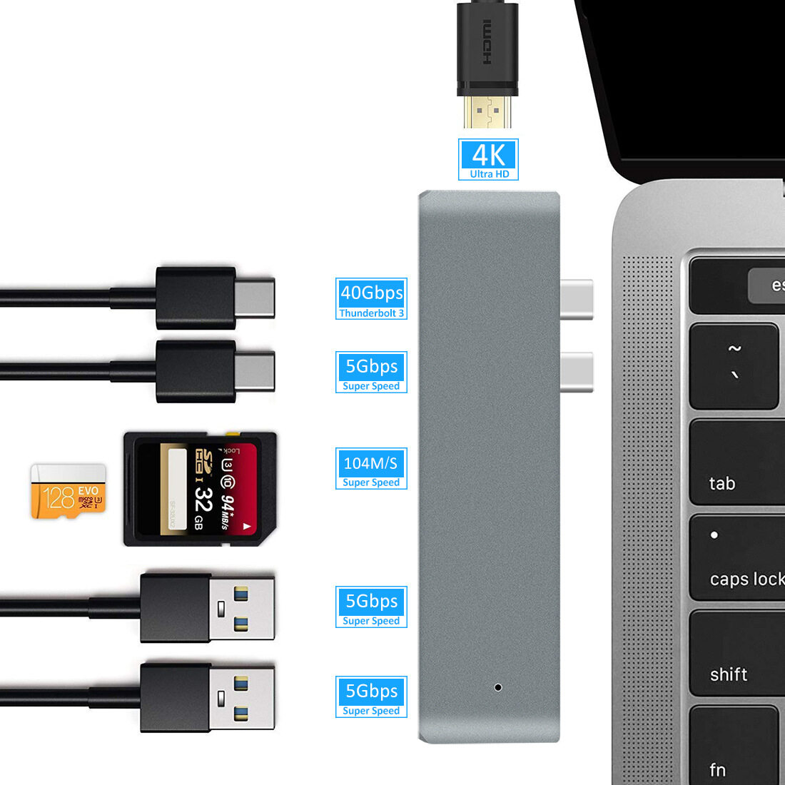 Usb Type C Adapter for Silver Macbook Pro 2016-2019 SD Card USB 3.0 Hub Dongle