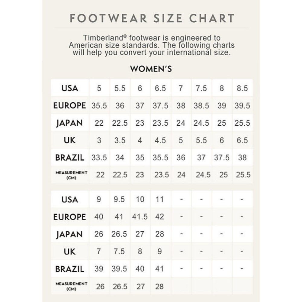 timberland size chart shoes