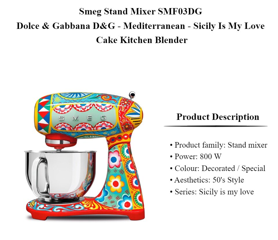 Smeg Stand Mixer SMF03DG Dolce Gabbana D&G Mediterranean