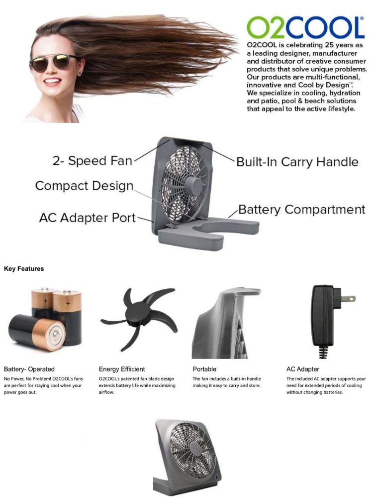 O2COOL 10-Inch Portable Desktop Air Circulation Battery Fan - 2 Speed - Compact Folding & Tilt