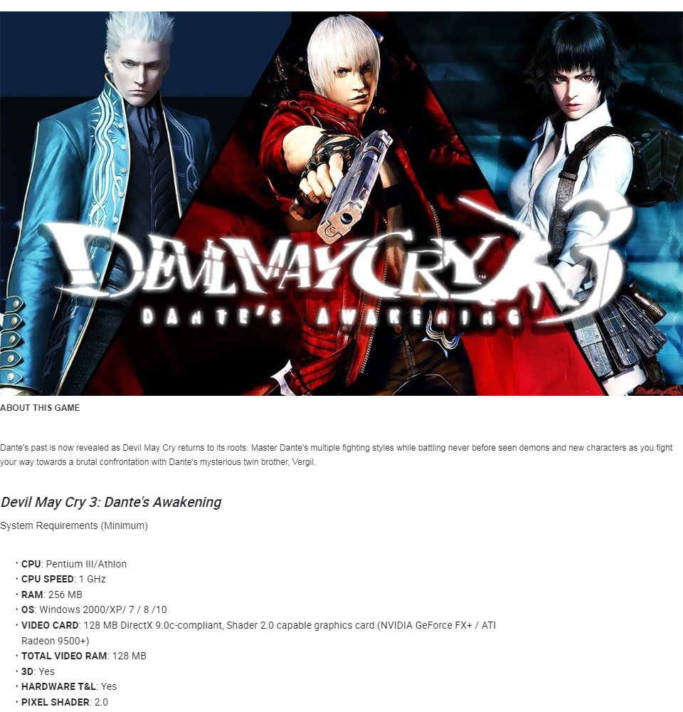 Devil May Cry 3: Dante's Awakening system requirements