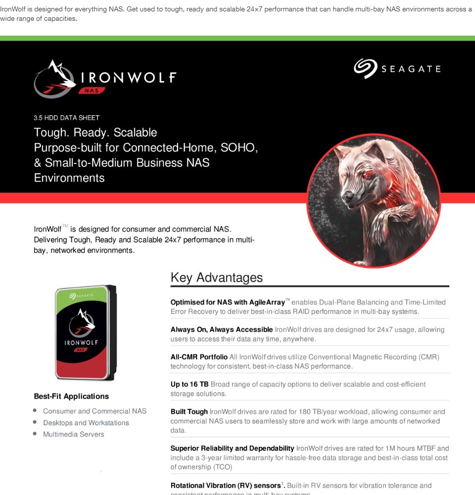Seagate IronWolf NAS 6TB Capacity 5400RPM SATA III 6Gb/s 256MB