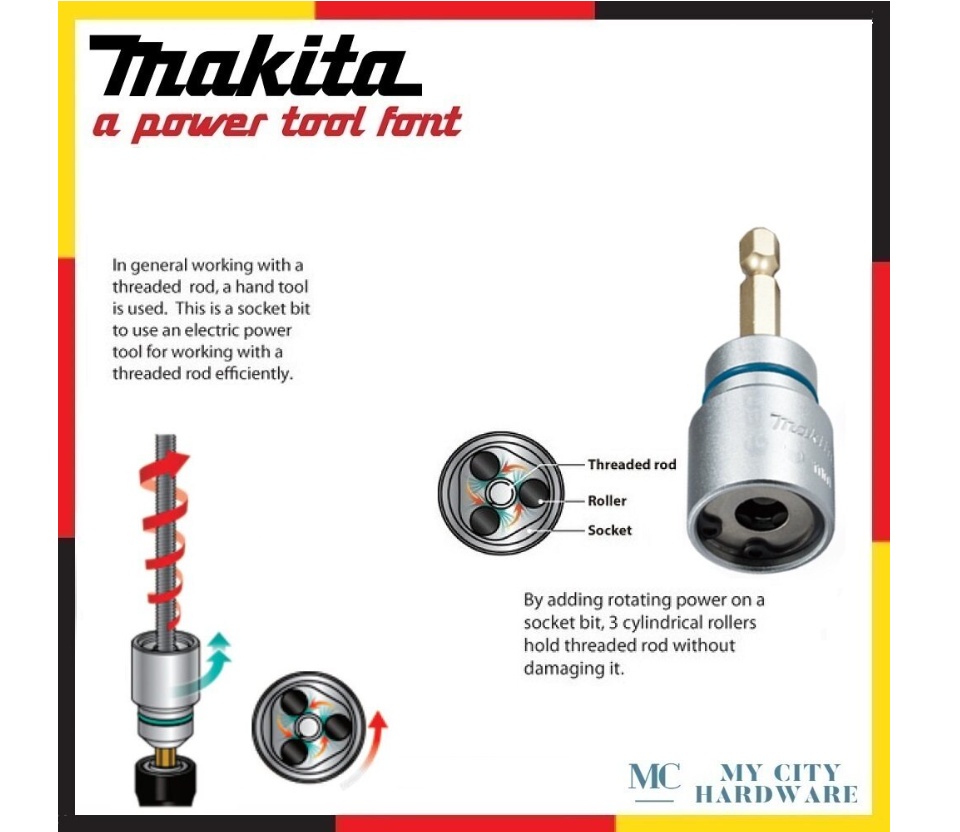 Makita 8mm x 65mm Threaded rod socket bit with 1/4 Shank B-42977