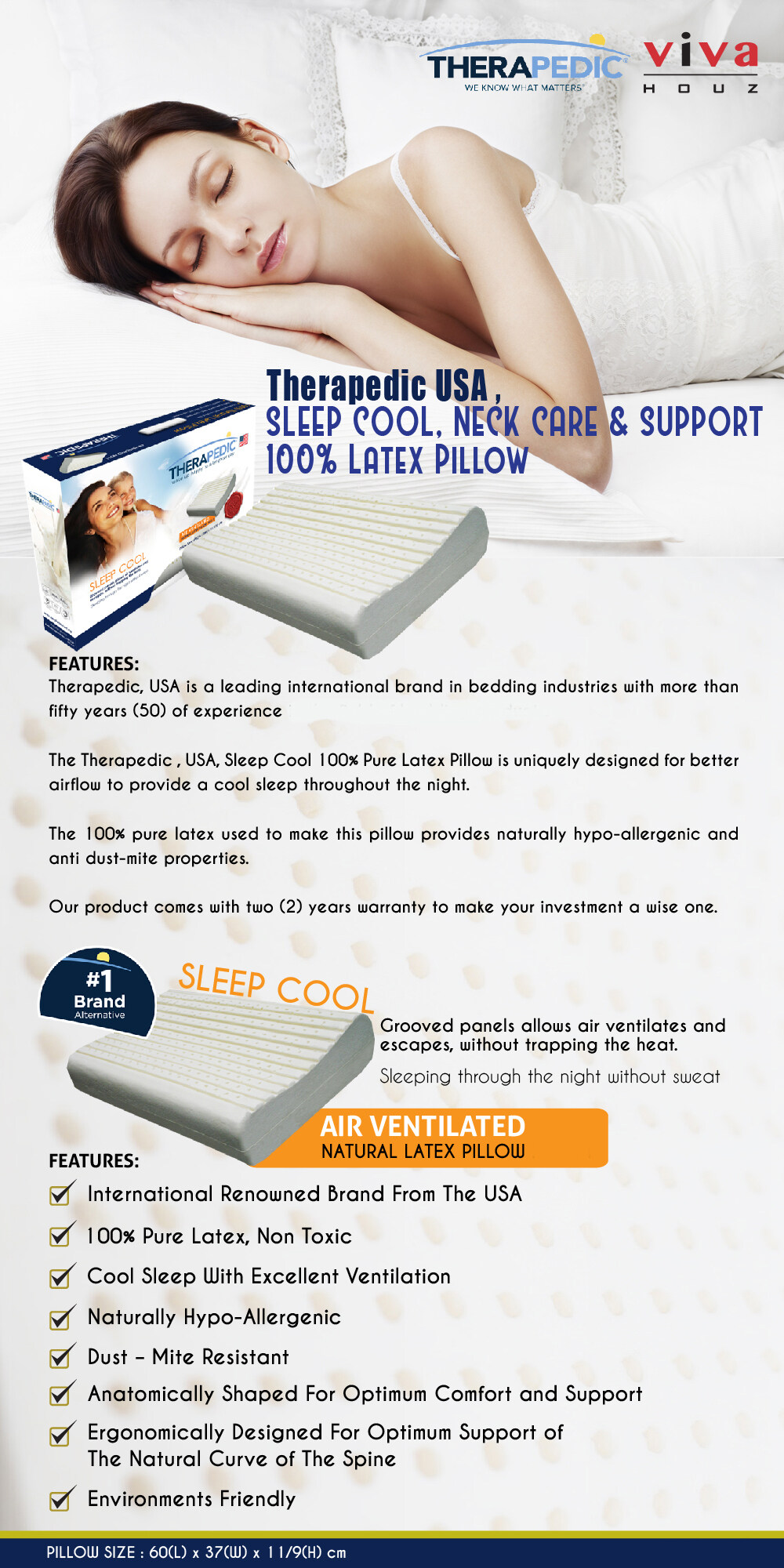 Therapedic Usa Sleep Cool 100 Natural Latex Pillow Neck Care