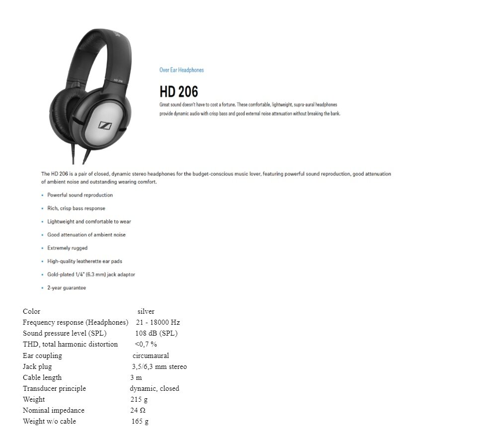 SENNHEISER HD 206 CLOSED BACK OVER THE EAR HEADPHONES