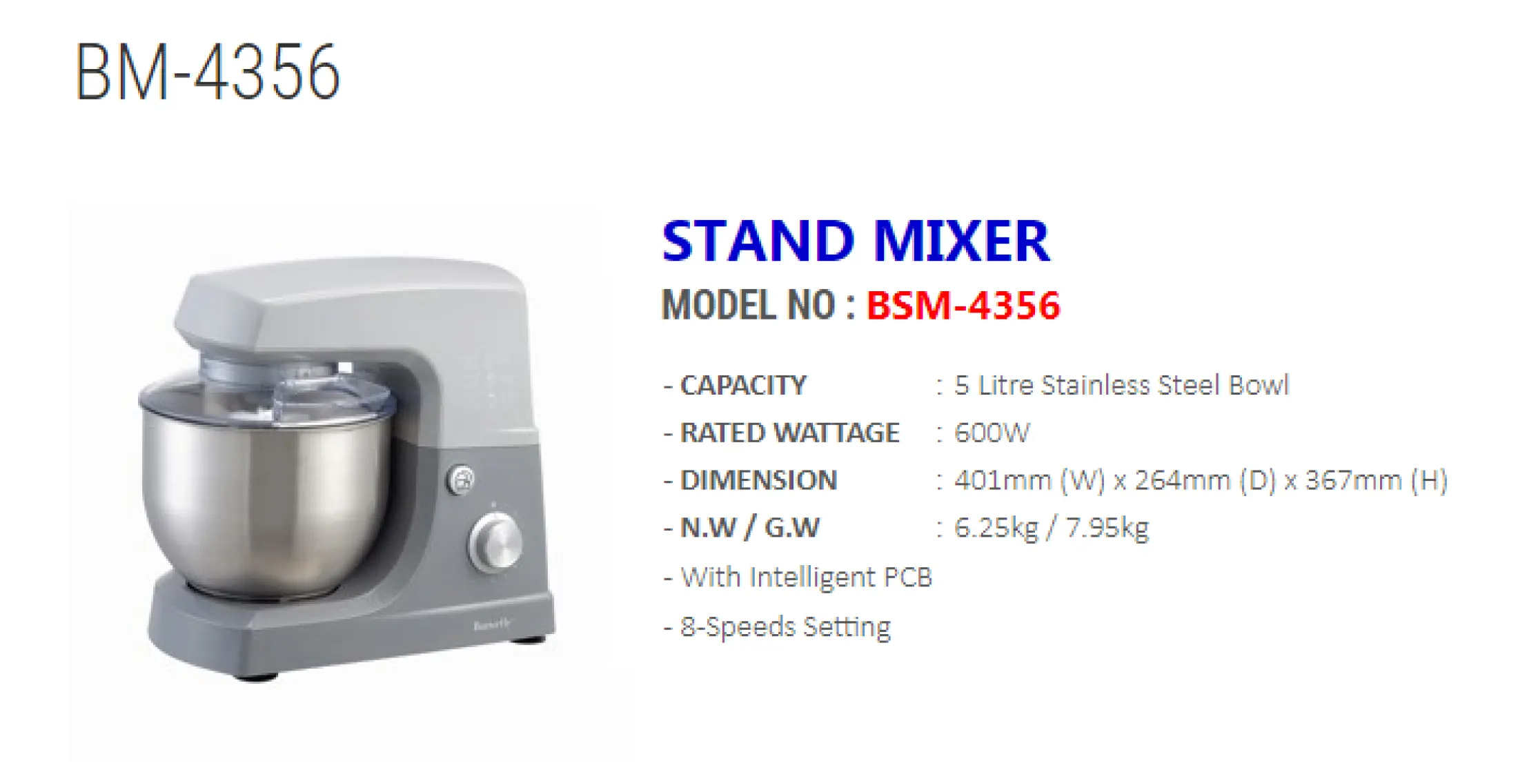 Butterfly 600W 8 Speed 5L S.Steel Bowl Stand Mixer Siong How