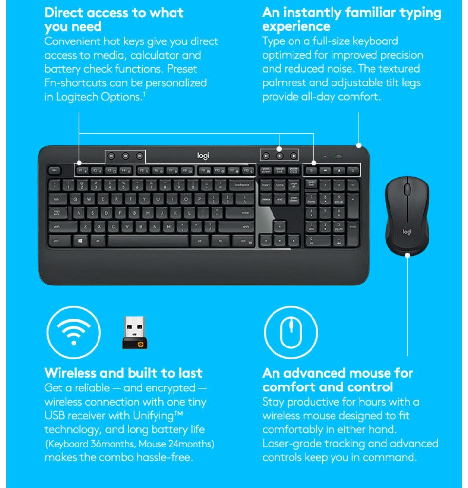 Logitech MK540 Advanced Wireless Keyboard and Mouse Combo for Windows 2.4 GHz Unifying USB-Receiver Multimedia Hotkeys 3-Year Battery Life for PC Laptop - Lazada | Lazada