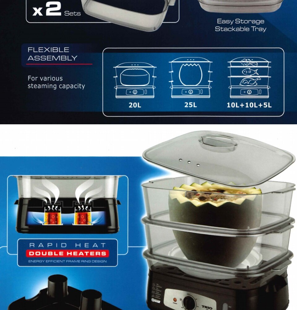 Trio Food Steamer 25L TFS28, 3 Trays, TFS28