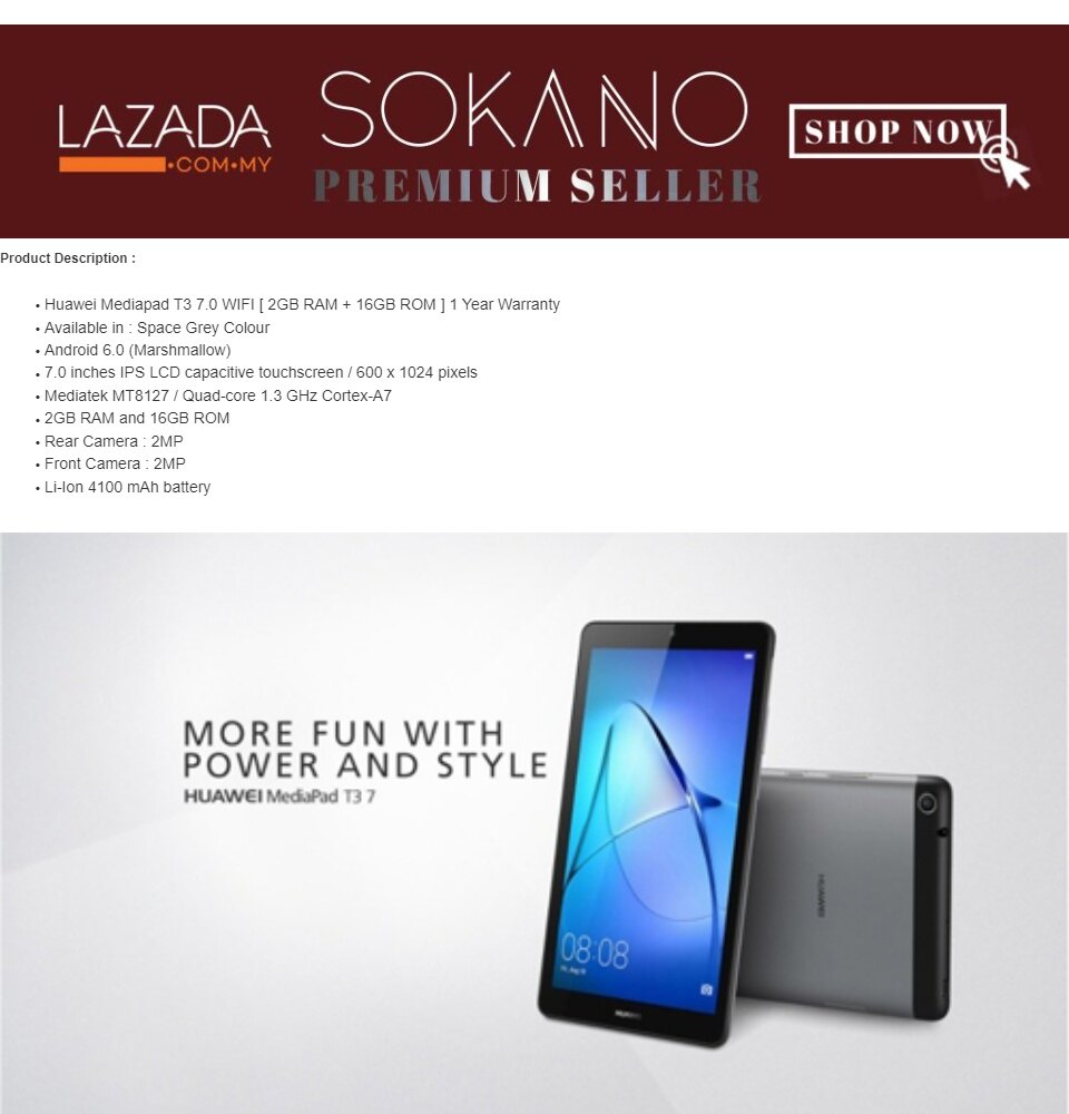 Huawei Mediapad T3 7.0 WIFI [ 2GB RAM + 16GB ROM ] 1 Year Warranty