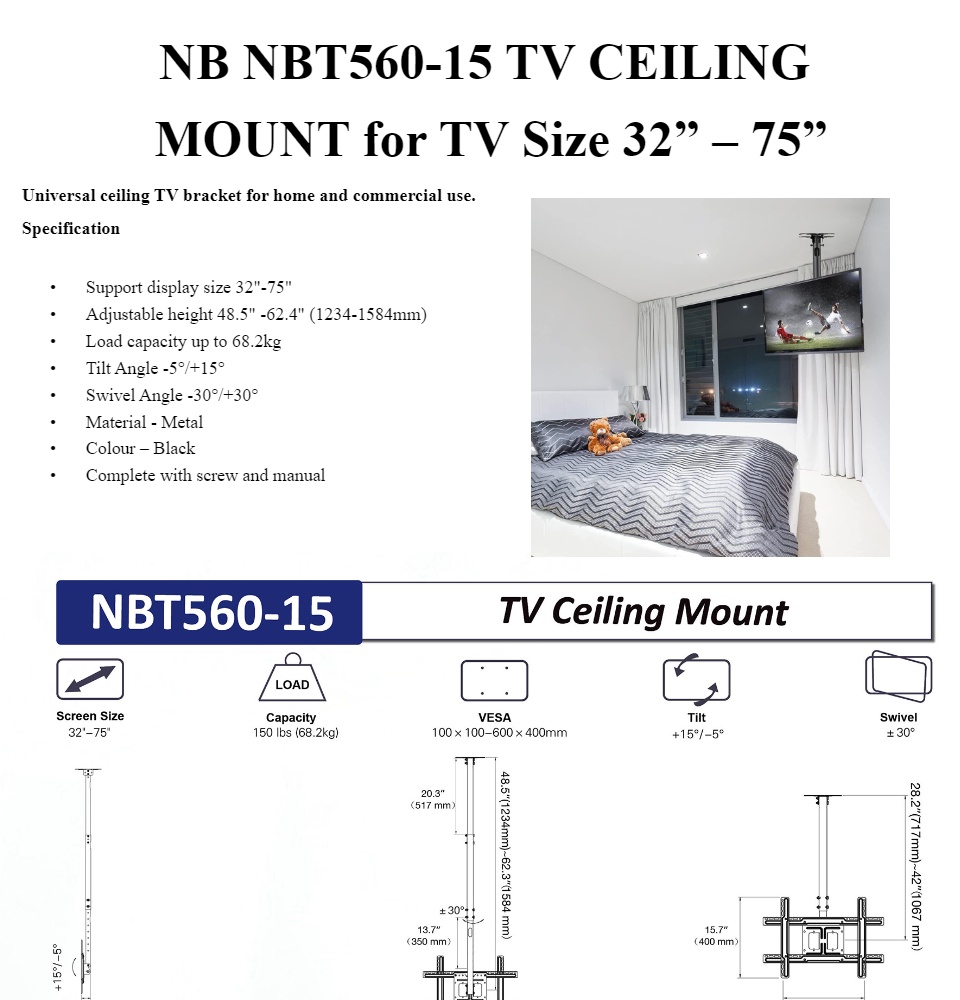 NB NBT560-15 TV CEILING MOUNT for 32” – 75” | Lazada