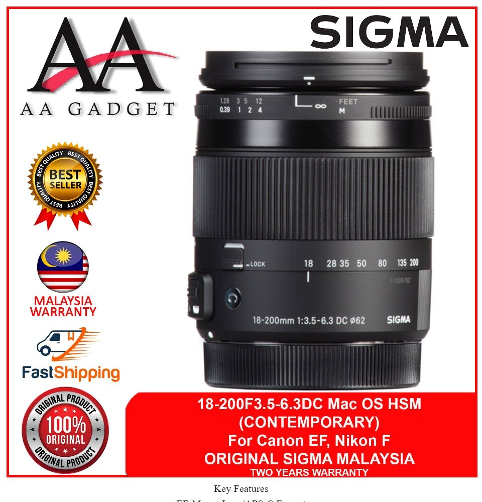 Sigma 18-200mm f3.5-6.3 DC Macro OS HSM Contemporary Lens 18 200 f3.5-6.3  for Canon EF /Nikon F Ship from Malaysia 100% Sigma Warranty Lazada