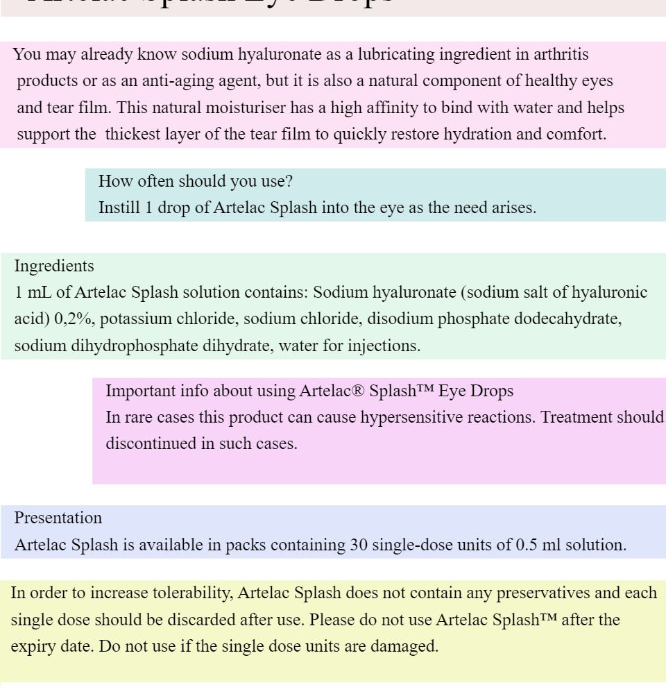 [Exp 06/2024] Bausch & Lomb Artelac Splash 0.2 Sodium Hyaluronate 0.5ml Unit Dose Eye Drops x