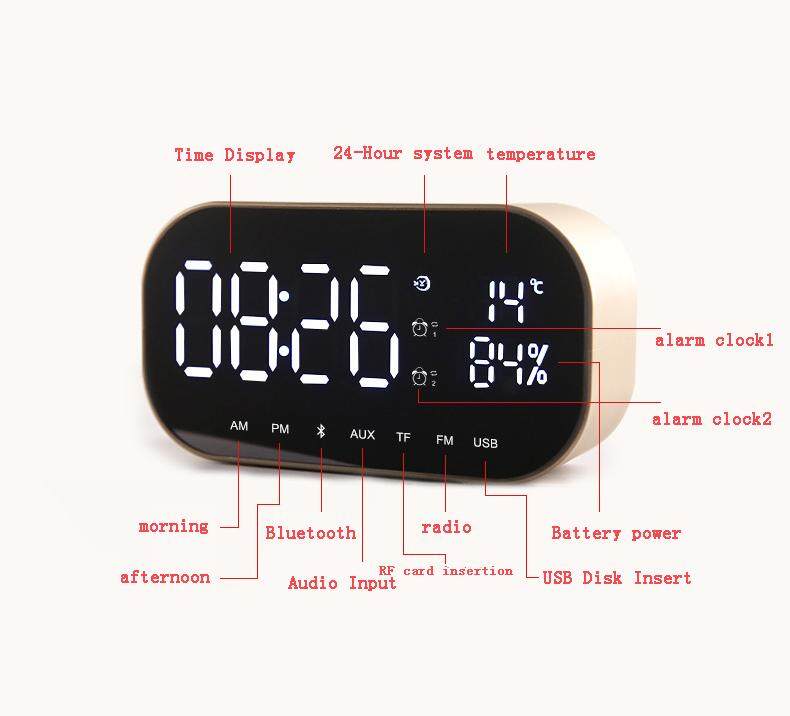 S2 Portable Wireless Bluetooth Speaker Music Sound Box LED Time Alarm Clock